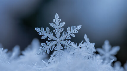 Single Intricate Snowflake Detailed Macro Shot on Snowy Surface Keywords: snowflake, snow, winter, ice, crystal, macro, close-up, nature, cold, frozen, delicate, intricate, pattern, hexagonal