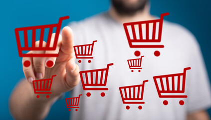 A person pointing at digital shopping carts, illustrating online shopping and e-commerce. Perfect for website design, digital marketing, and ret