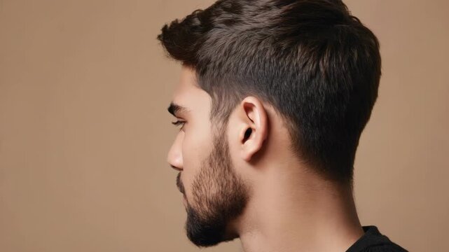 A handsome asian male adult with a stylish beard and modern haircut in profile. His confident appearance showcases contemporary grooming and masculine elegance, ideal for beauty concepts