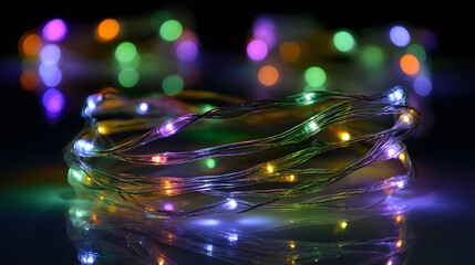 Bright holiday LED string lights enhanced with neon futuristic details and smooth decorative reflections