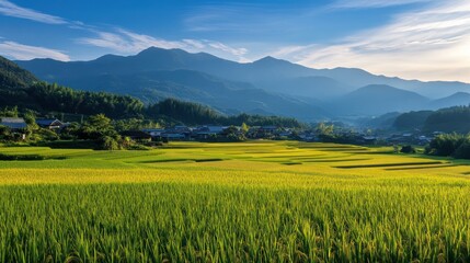 Fototapeta premium A breathtaking landscape showcases vibrant green rice fields stretching towards a distant village nestled at the base of majestic mountains under a clear, blue sky with wispy clouds
