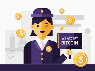 friendly flight attendant accepts Bitcoin showcasing a modern open-minded airline The graphic design features coins and a clear -We Accept Bitcoin- message Bright professional and forward-thinking