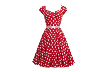 Retro red polka dot swing dress with white belt, isolated on transparent background