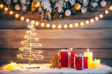 Cozy christmas scene with a glowing tree gifts and candles on a wooden background