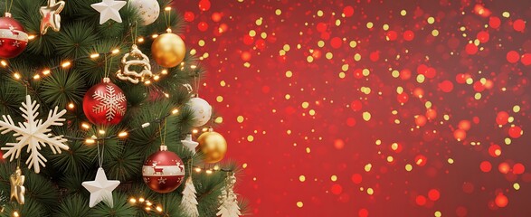 Close up of a decorated christmas tree with bokeh lights and ornaments