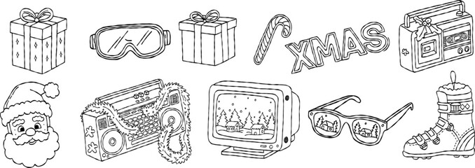 Retro 90s Christmas doodle vector icons set, black and white lineart style, with Santa Claus, boombox, gifts, ski goggles, and holiday elements