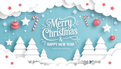 Whimsical christmas scene with paper cutouts of trees clouds and ornaments