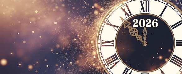 New year 2026 clock face with festive bokeh lights