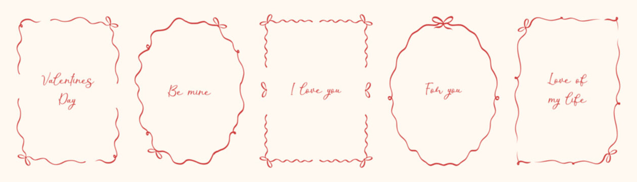 Hand drawn vintage Valentine's day frames with coquette lines and bows. Vector holiday borders for poster, card, invitation.