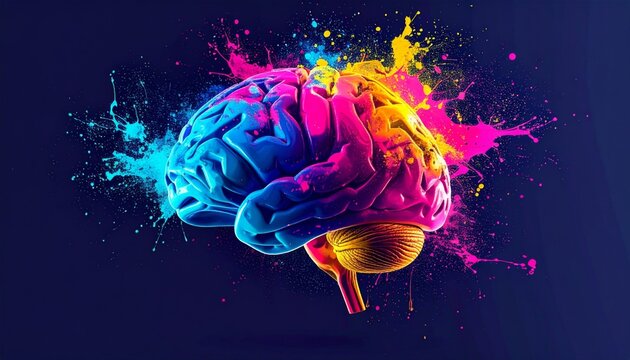 Vibrant Brain Half Blue Half Pink Exploding With Colorful Paint Splatters Against Dark Background