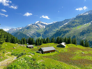 French mountain landscape with Homes on a Summer day in July 