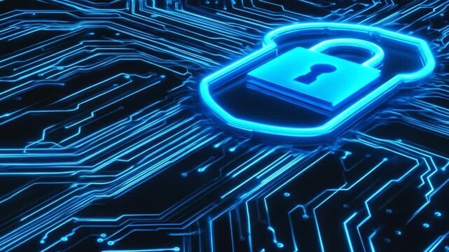 Cybersecurity Protection Concept - Digital Shield and Lock on Circuit Board.