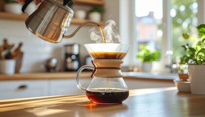 Pouring hot water into a pourover coffee maker in a bright kitchen making fresh coffee.