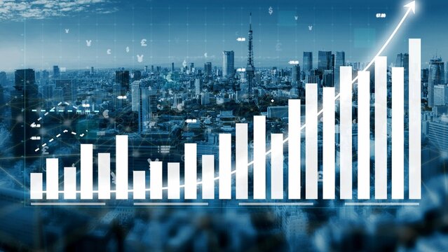 Dynamic financial growth concept featuring bar graphs and cityscape, representing upward trends in business and investment opportunities in modern markets. Copula - Powered by Adobe