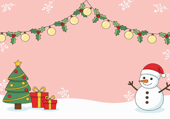 A festive Christmas background illustration featuring a decorated tree, gift boxes, a snowman, and holly garlands with lights on a pink snowy backdrop.