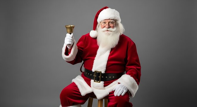 Santa Claus sitting on a stool holding a golden bell.