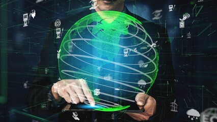 A businessman engages with a high-tech digital globe representing sustainability and innovation, illustrating the interconnectedness of technology and the environment. Xenic