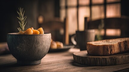   A bowl of oranges on a table, next to a loaf of bread and a cup of coffee, garnished with a sprig of rosemary