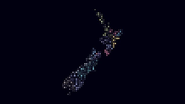 New Zealand animated country shape. Pulsating colored dots on the map of the country. Small size rounded square blocks. Digital style New Zealand map on dark background. Classy animation video.