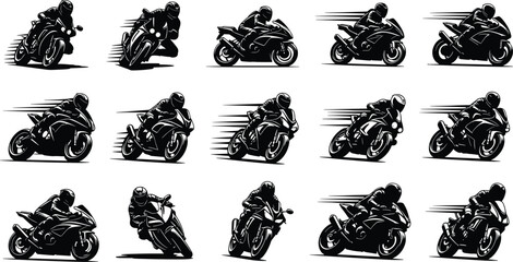 Black silhouette of motorcycle racers on sport bikes in various dynamic poses and speeds © Ambia Art