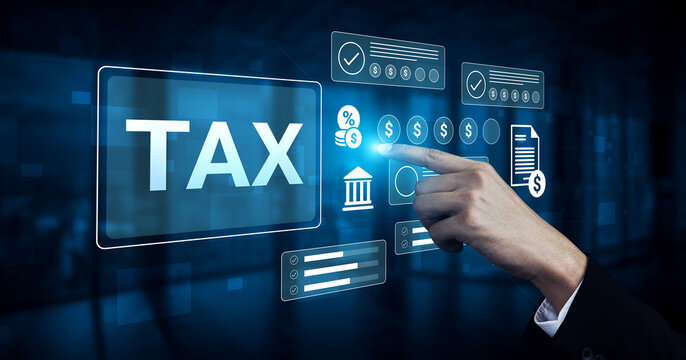 A businessman interacts with a digital interface displaying tax information and financial metrics, symbolizing modern tax calculation and management solutions. Gantry - Powered by Adobe