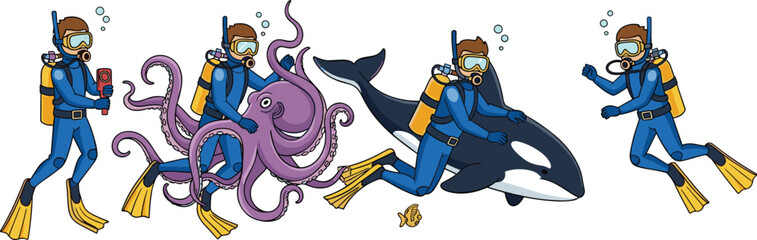 Cartoon divers interacting with octopus orca whale and fish underwater scuba diver © Ambia Art