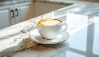 A cup of coffee on a marble countertop.