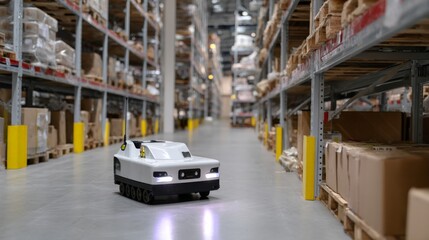 Fototapeta premium Autonomous warehouse robot navigating spacious aisles for efficient logistics management