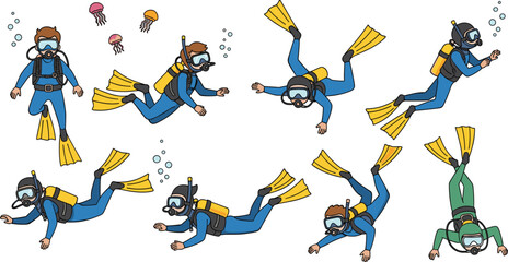 Cartoon divers in blue and green wetsuits with yellow fins swimming underwater with jellyfish and bubbles © Ambia Art