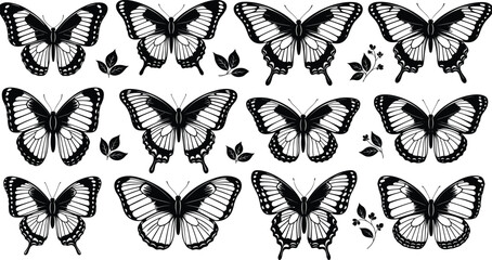 Collection of black and white butterfly silhouettes with leaves and floral elements © Ambia Art