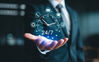 Hand Interacting with Futuristic Glowing Digital Clock Interface