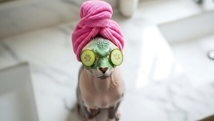 A funny Sphynx cat enjoys a relaxing spa day with a green face mask.