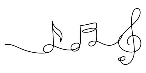 Continuous one line drawing of musical notes and treble clef symbol. minimalist art illustration of melody, harmony, rhythm, and sound concept. Vector, illustration