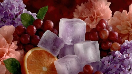   A group of ice cubes resting beside a grapefruit on a table