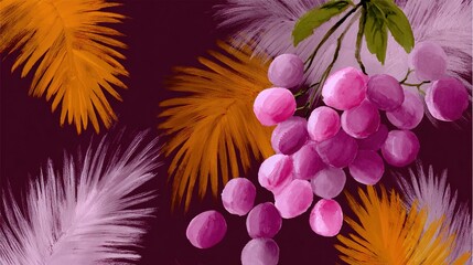   A table with grapes, watermelon and feathers