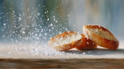   A painting of two slices of bread topped with sugar on a wooden table against a blurred backdrop
