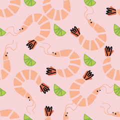 shrimp and lime in a flat minimal style.  Soft pink and green colors. Suitable for food design, seafood, menu graphics, packaging, fabric, stickers 