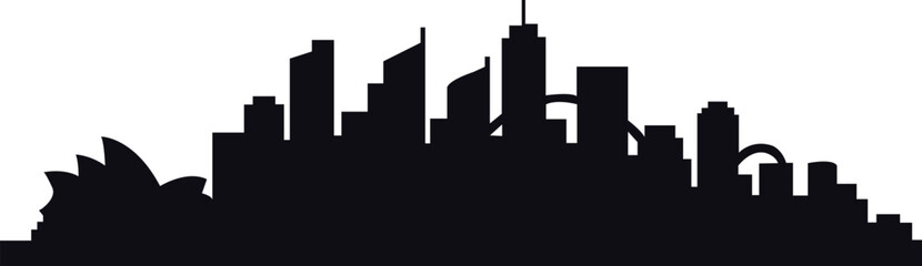 A striking black silhouette of a modern city skyline with diverse architectural styles isolated on white background