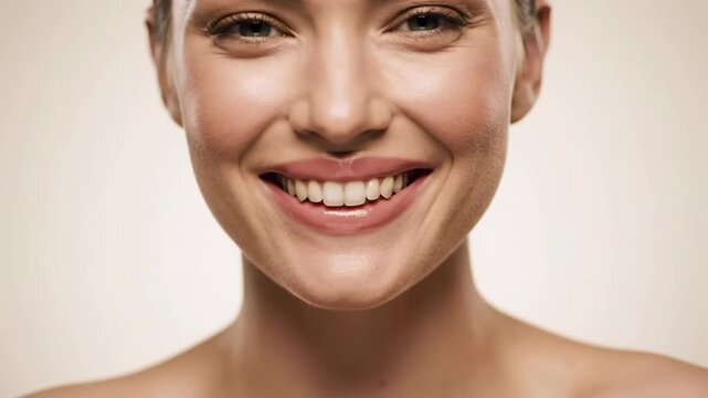 A young caucasian woman's natural lips part, revealing a warm, radiant smile and healthy white teeth, softly lit against a beige studio wall. High-end dental beauty advertising concept