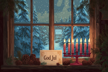 Fototapeta premium A minimalist Scandinavian Christmas card, flat design. A red menorah with seven lit candles stands on the windowsill. Outside is a simple stylized fir tree and star.Merry Christmas in Swedish God Jul