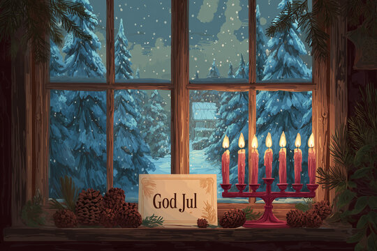 A minimalist Scandinavian Christmas card, flat design. A red menorah with seven lit candles stands on the windowsill. Outside is a simple stylized fir tree and star.Merry Christmas in Swedish God Jul