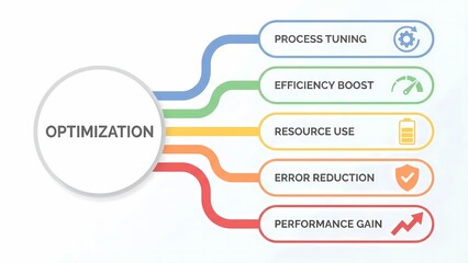 Optimization process diagram with efficiency boost and performance gain isolated on white