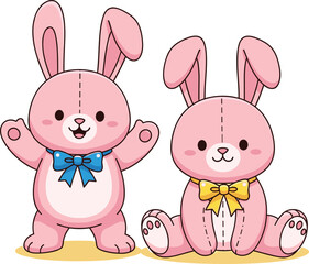 Cartoon stuffed bunny toys, pink plush characters, hooded rabbit illustrations, vector baby animals, cute toy graphics, children’s content icons