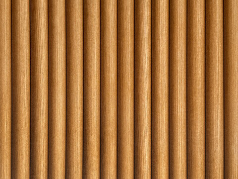 Natural brown oak wood fluted panel or fluted strips, rustic wood. Seamless background texture.
