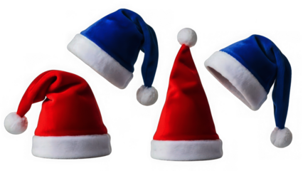 Four festive Santa hats, two red and two blue.