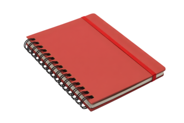 red notebook with spiral binding and elastic band . Isolated on transparent background, png