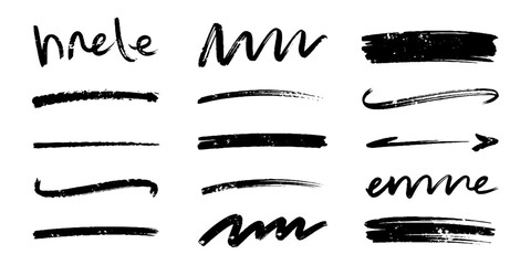 Collection of textured black grunge brush strokes and wavy lines on white background.