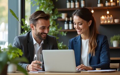Cafe owner and financial advisor discussing business strategy using a laptop in a modern coffee shop. Bright setting with plants and wine bottles, symbolizing collaboration and entrepreneurship.