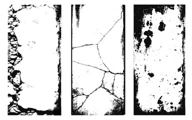 Set of vector Black and white cracked wall, old wall, grunge wall paint effect, grungy transparent texture background. Vector grunge cracked texture style with cracked texture.	
