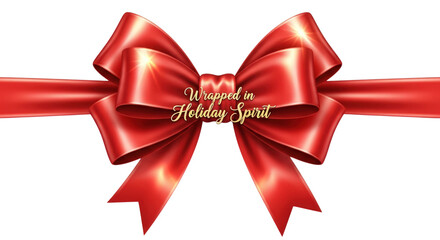 Vibrant red satin holiday bow with gold script text overlay on a transparent background